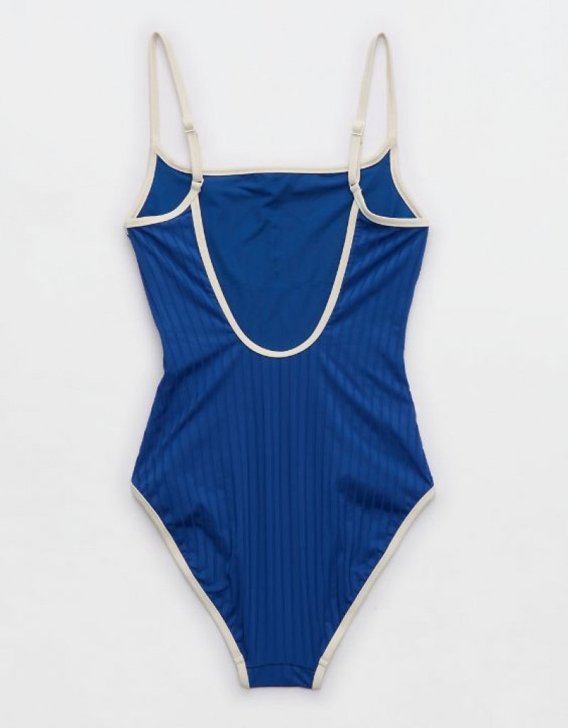 Aerie Wide Rib Scoop One Piece Swimsuits Blue | JEW-593614