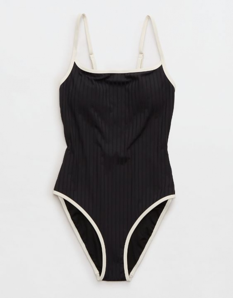 Aerie Wide Rib Scoop One Piece Swimsuits Black | MKS-605421