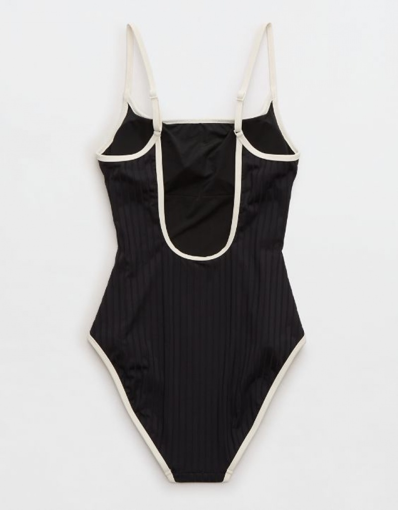 Aerie Wide Rib Scoop One Piece Swimsuits Black | MKS-605421