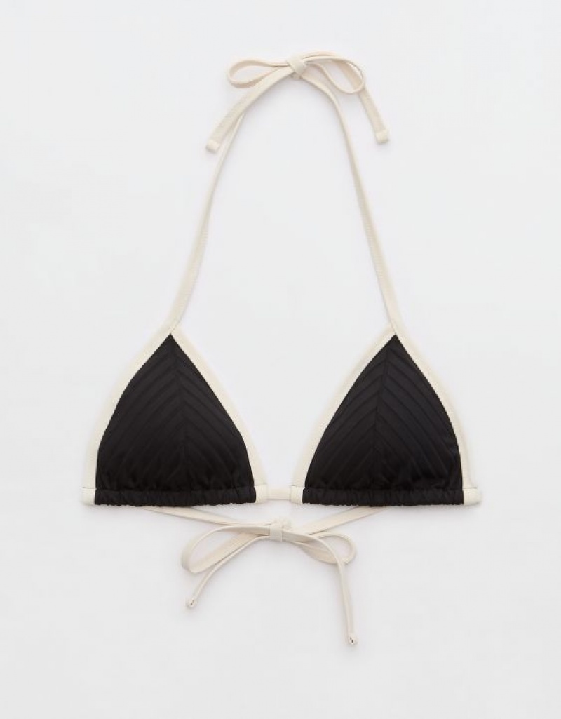 Aerie Wide Rib String Triangle Bikini Top Black | MUS-138654